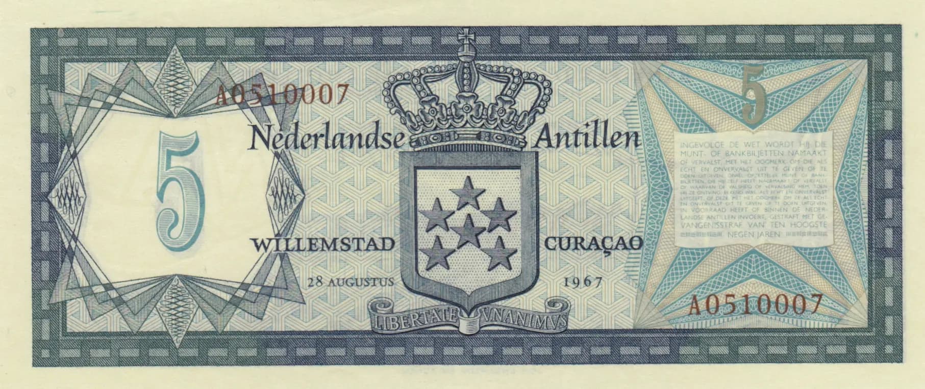 5 gulden 1967 from Netherlands Antilles, P-8a
