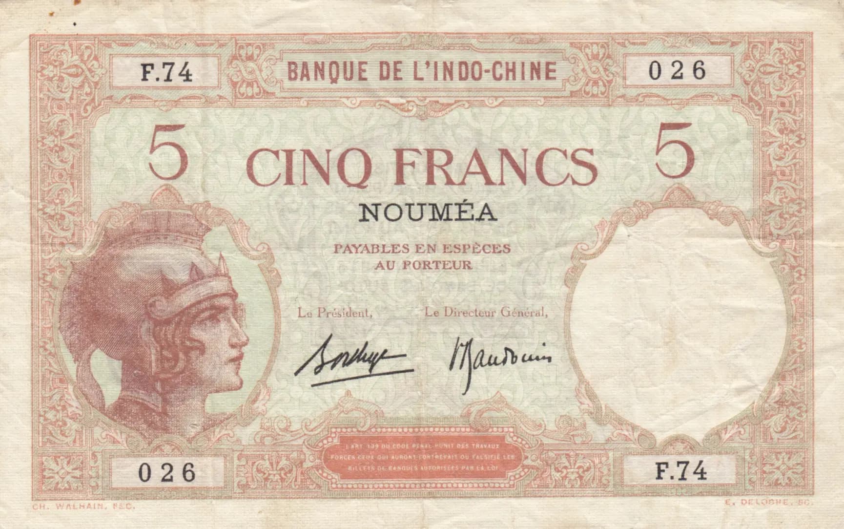 5 francs 1926 from New Caledonia, P-36b