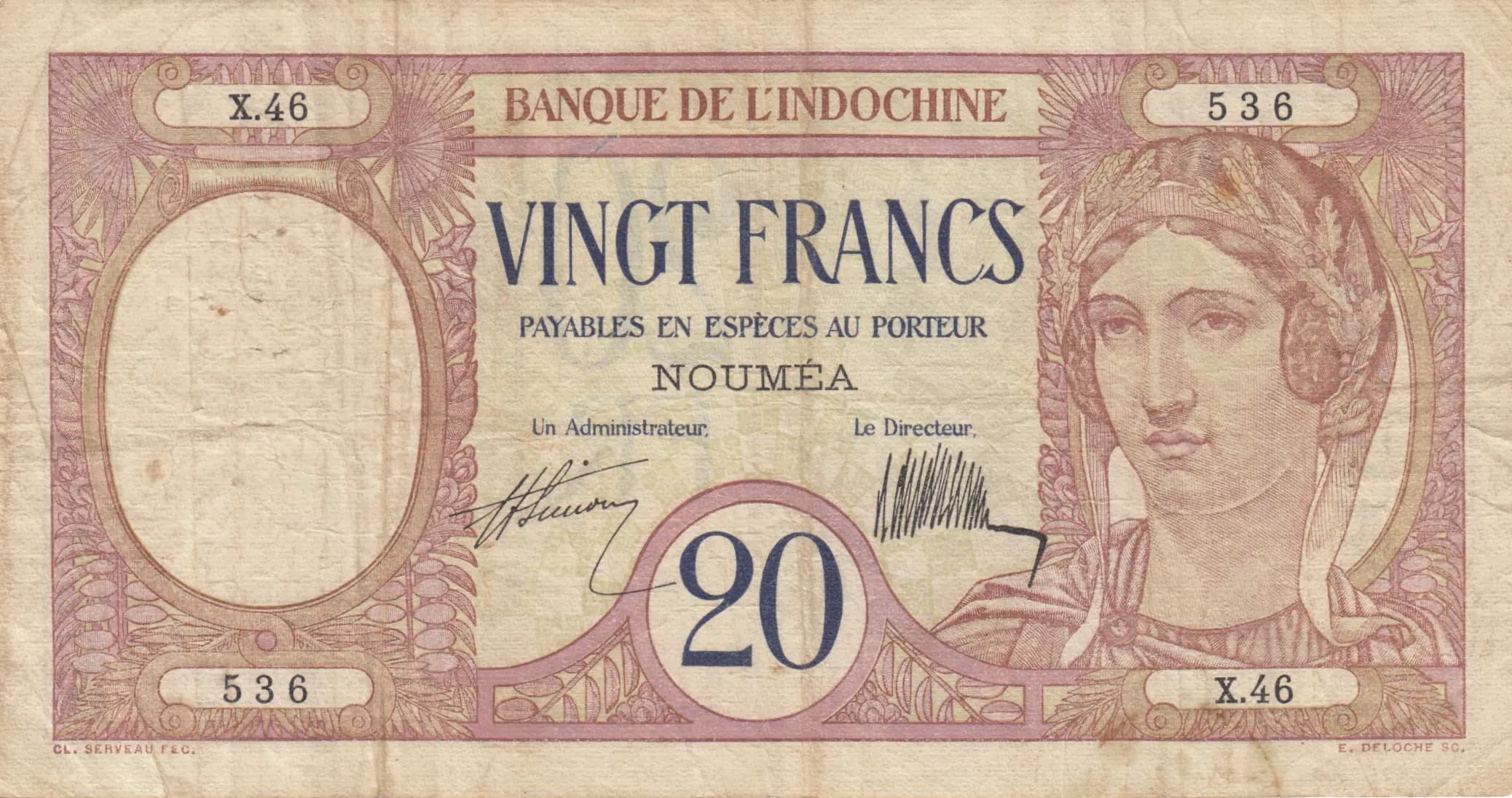 20 francs 1939 from New Caledonia, P-37a