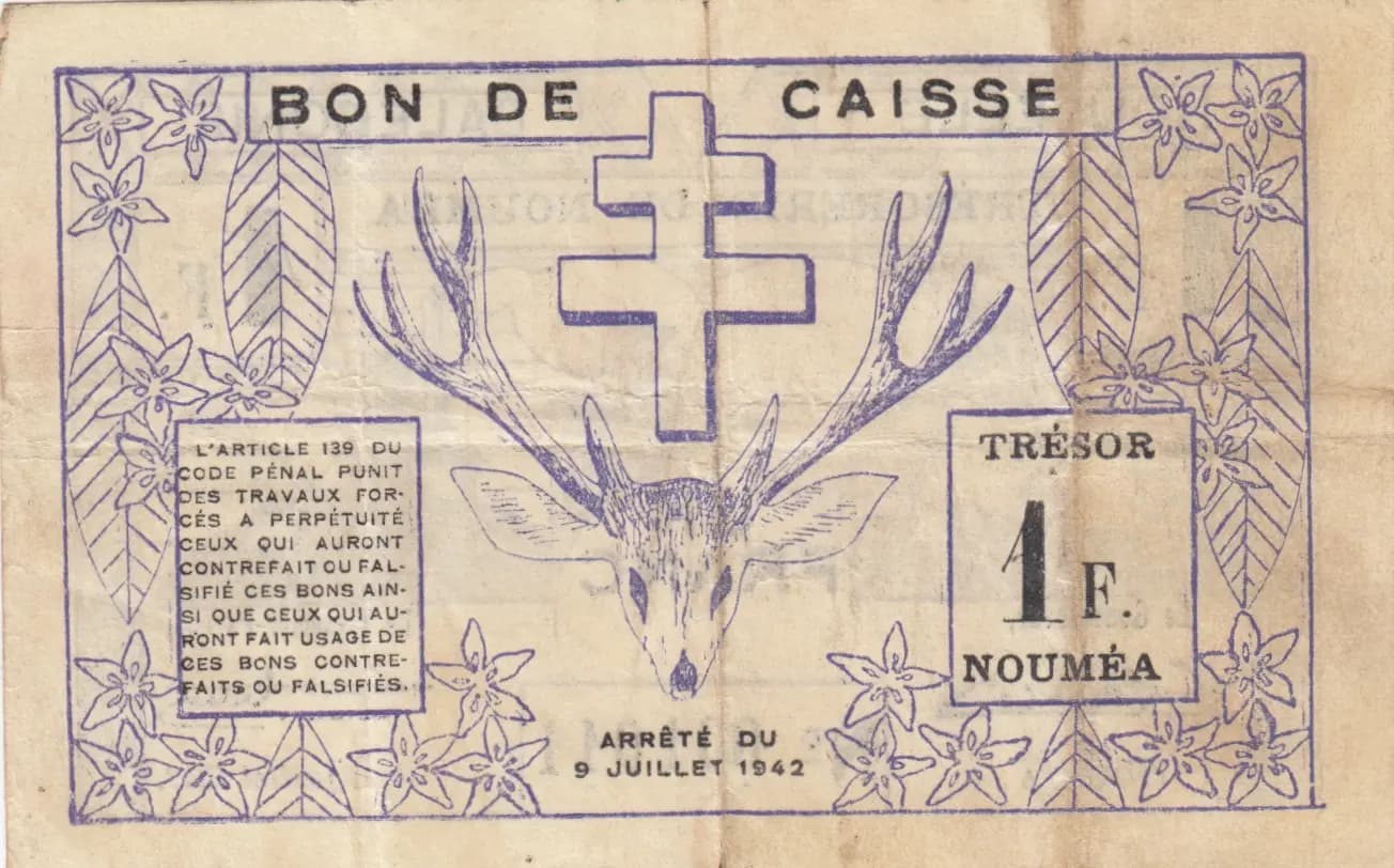 1 franc 1942 from New Caledonia, P-52 (1942) — image 2