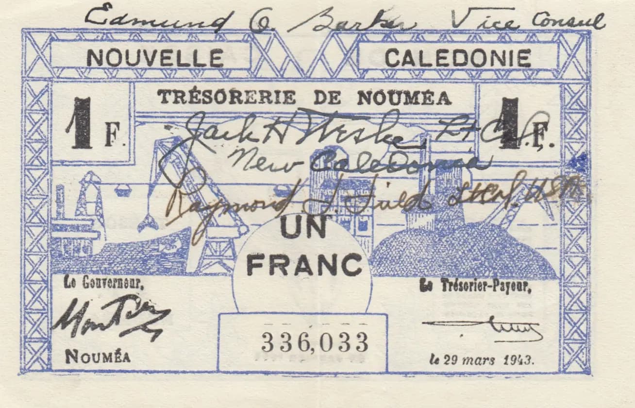 1 franc 1943 from New Caledonia, P-55b (1943) — image 1