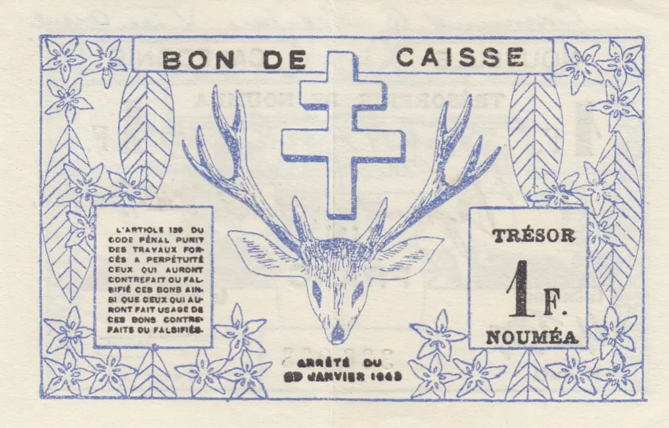 1 franc 1943 from New Caledonia, P-55b (1943) — image 2