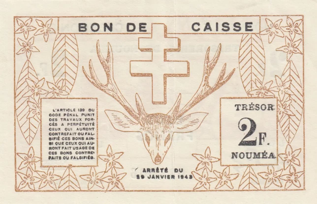 2 francs 1943 from New Caledonia, P-56b (1943) — image 2