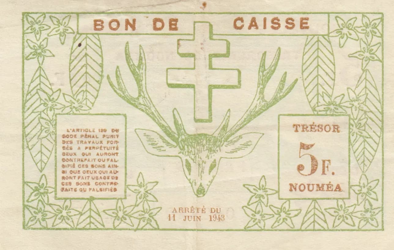 5 francs 1943 from New Caledonia, P-58 (1943) — image 2