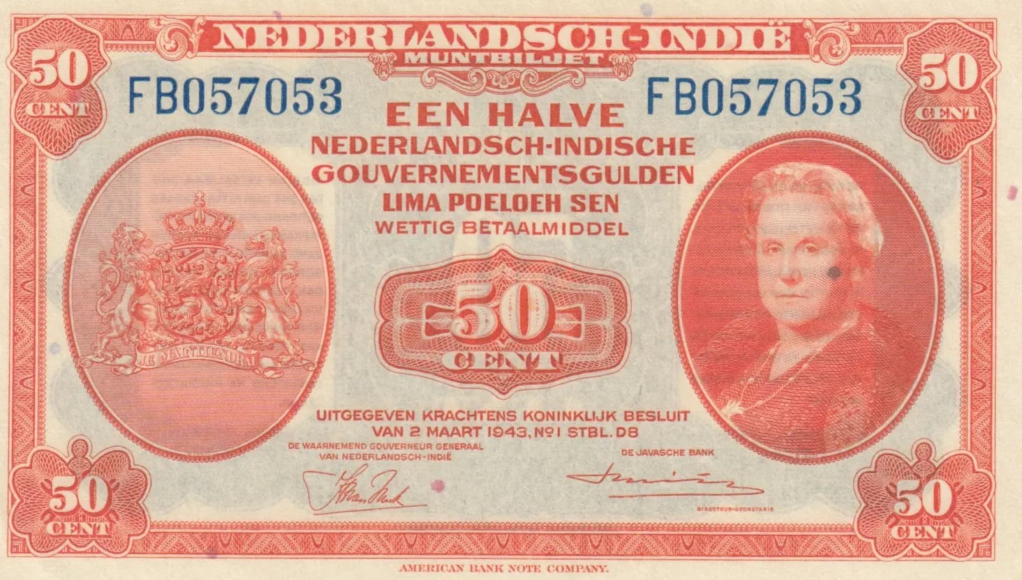 50 cents 1943 from Netherlands Indies, P-110 (1943) — image 1