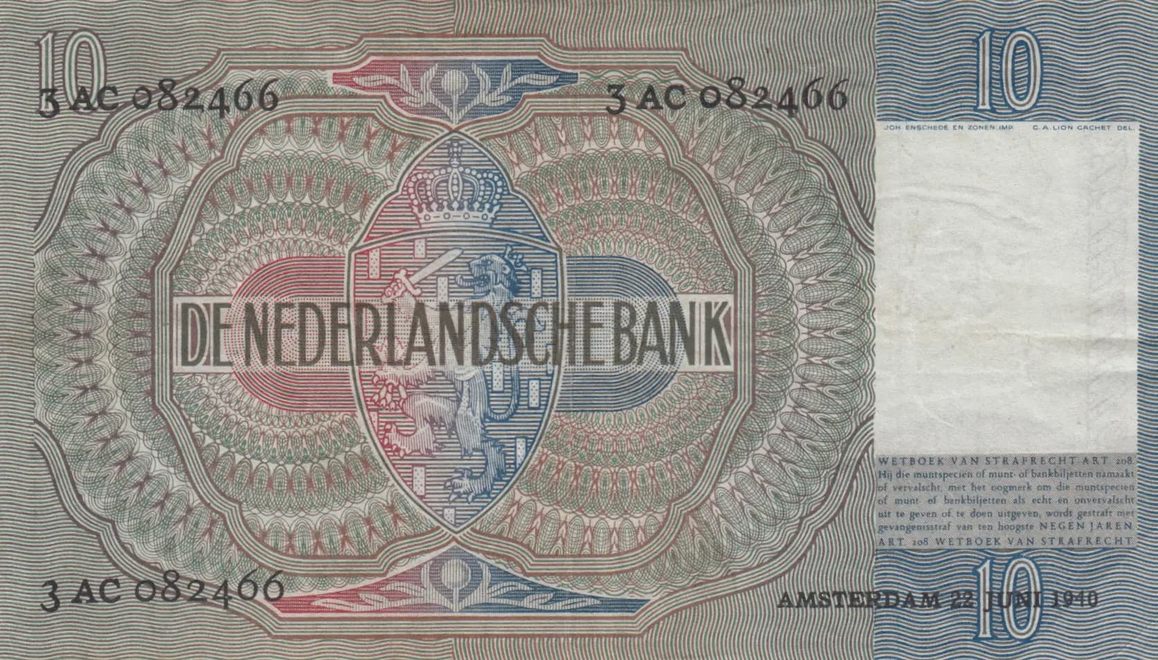 10 gulden 1940 from Netherlands, P-53 (1940) — image 2