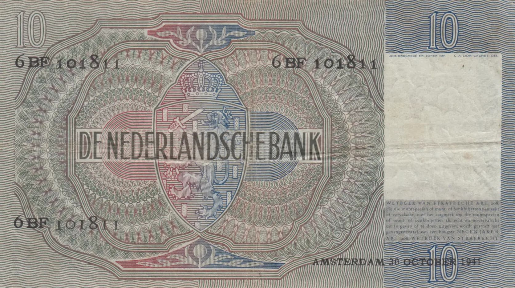 10 gulden 1941 from Netherlands, P-56b (1941) — image 2