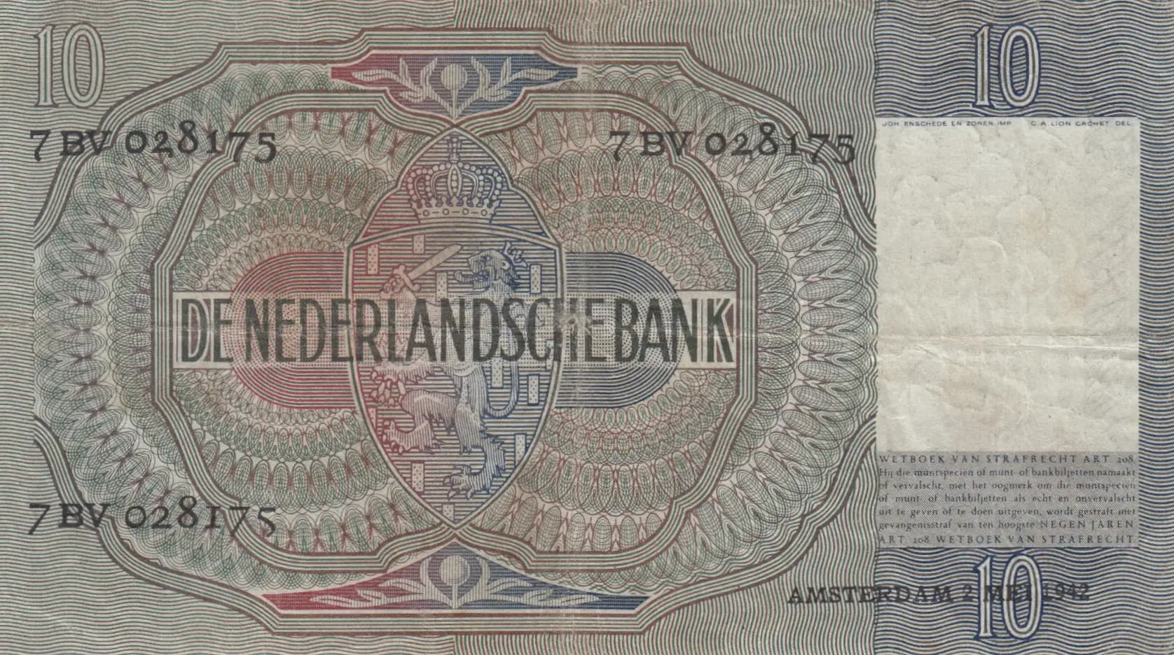 10 gulden 1941 from Netherlands, P-56b (1941) — image 2