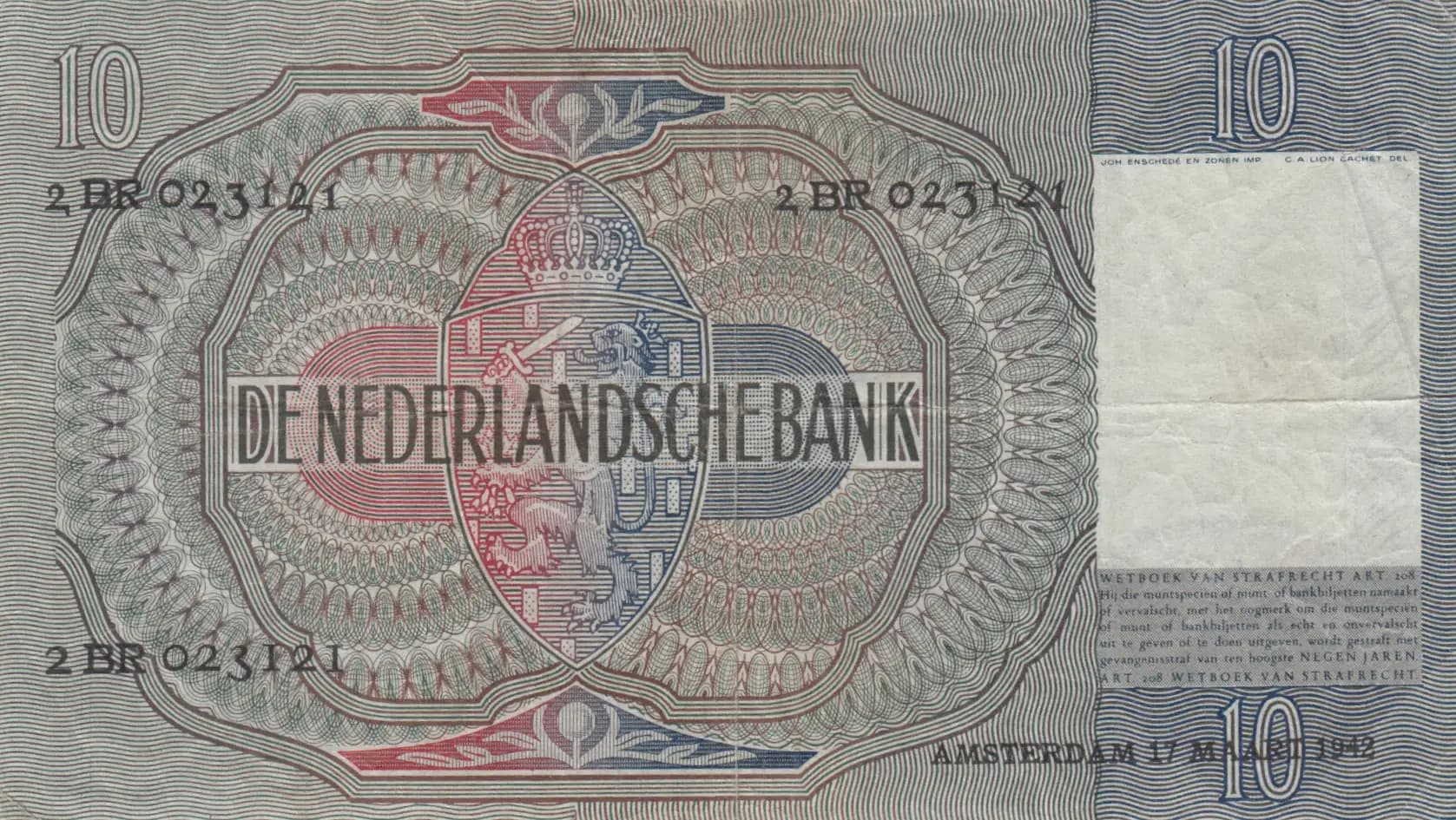 10 gulden 1941 from Netherlands, P-56b (1941) — image 2