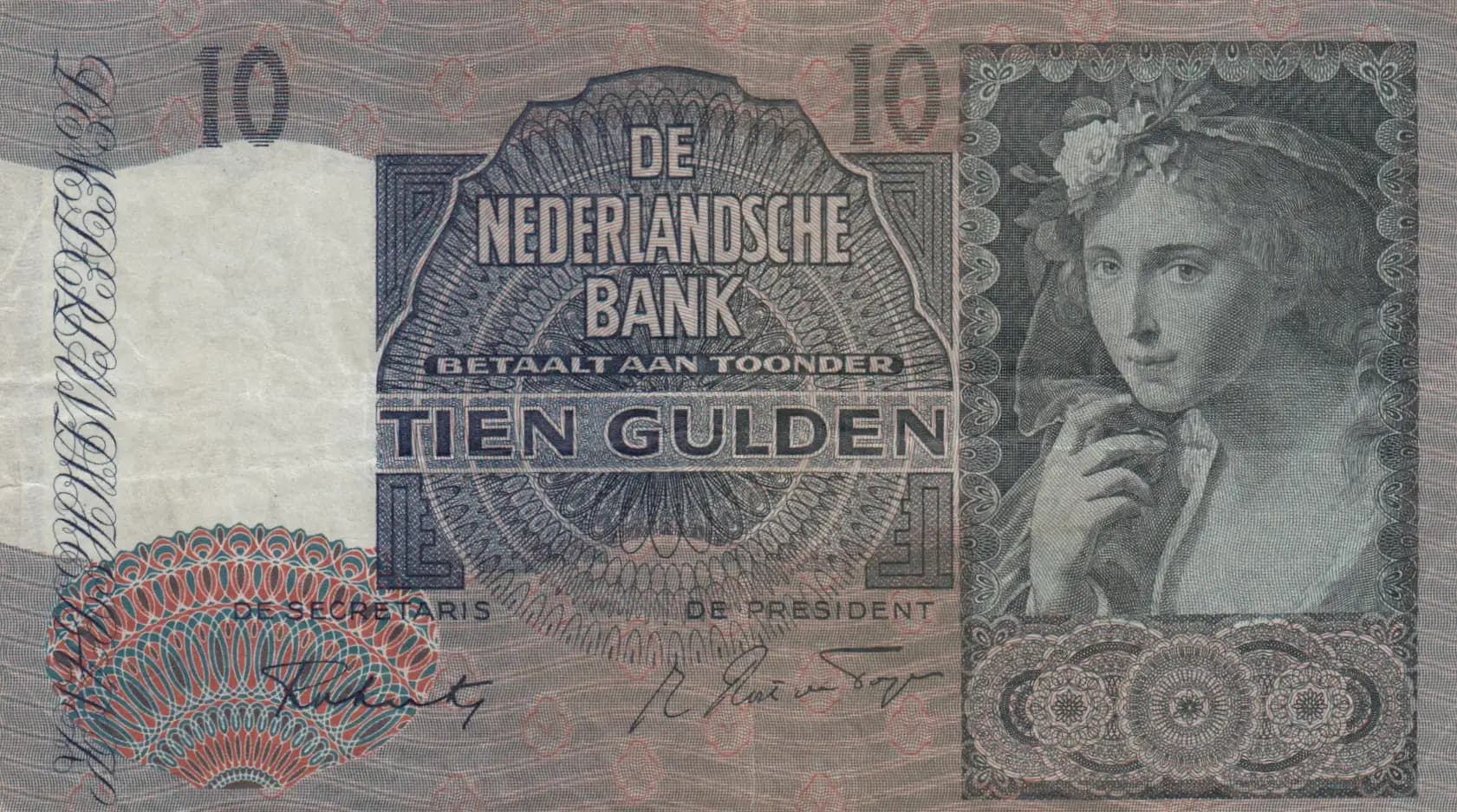 10 gulden 1941 from Netherlands, P-56b (1941) — image 1