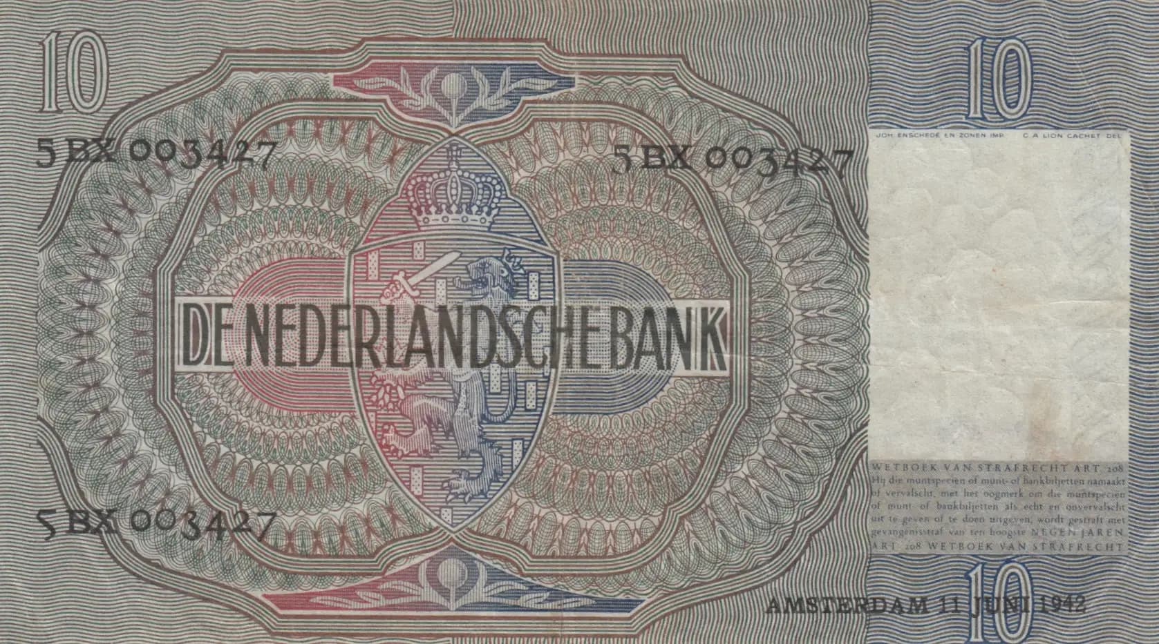 10 gulden 1941 from Netherlands, P-56b (1941) — image 2