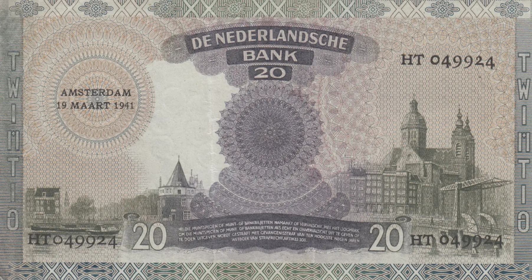 20 gulden 1941 from Netherlands, P-54 (1941) — image 2