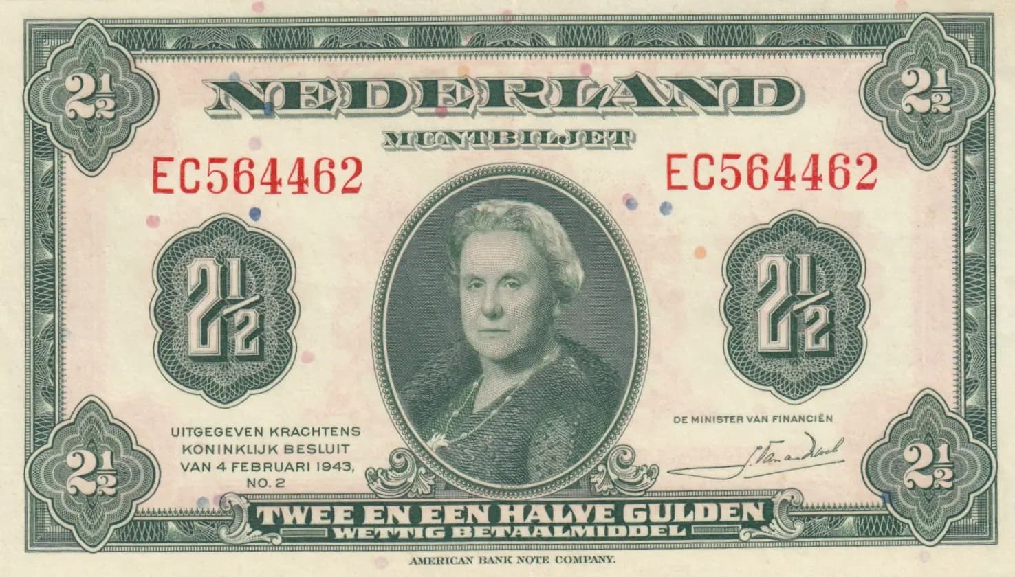 2 1/2 gulden 1943 from Netherlands, P-65 (1943) — image 1