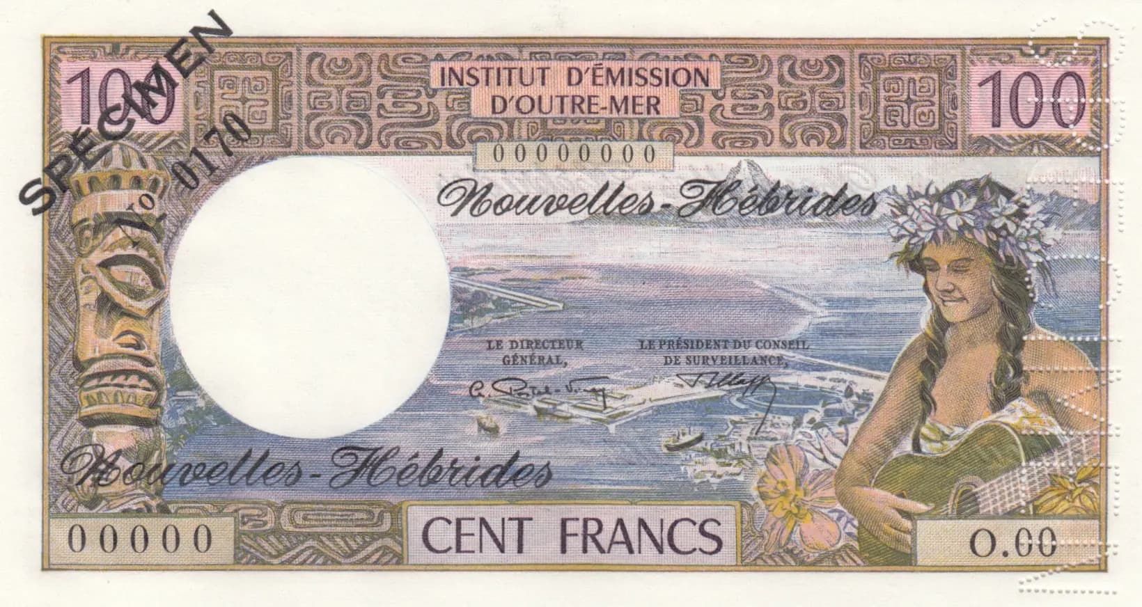 100 francs 1970 specimen from New Hebrides, P-18s