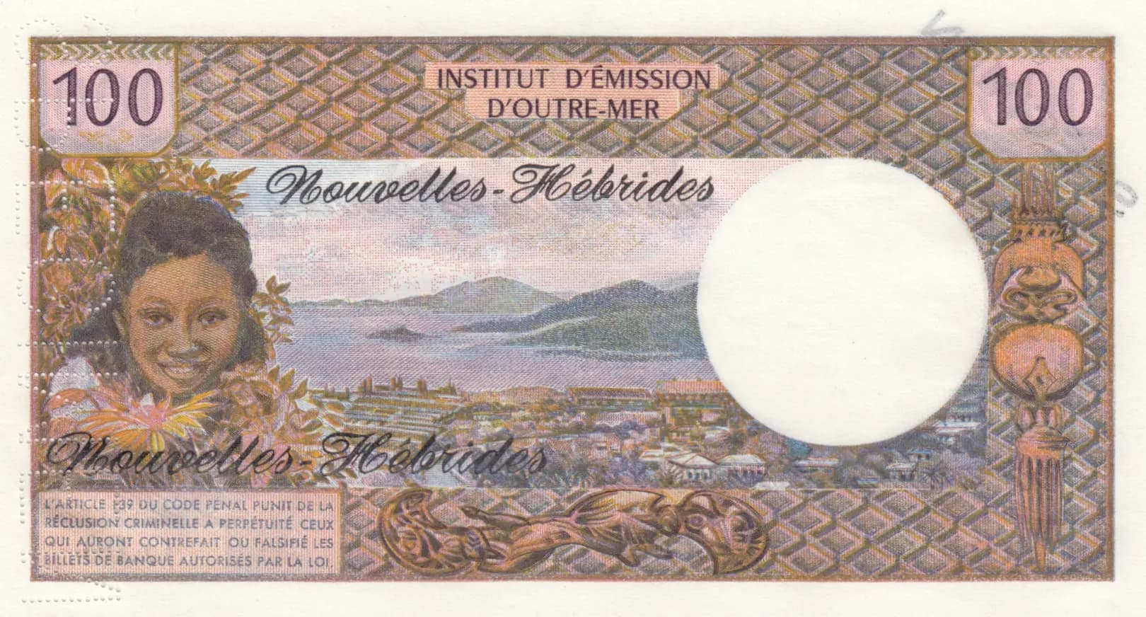100 francs 1970 specimen from New Hebrides, P-18s (1970) — image 2