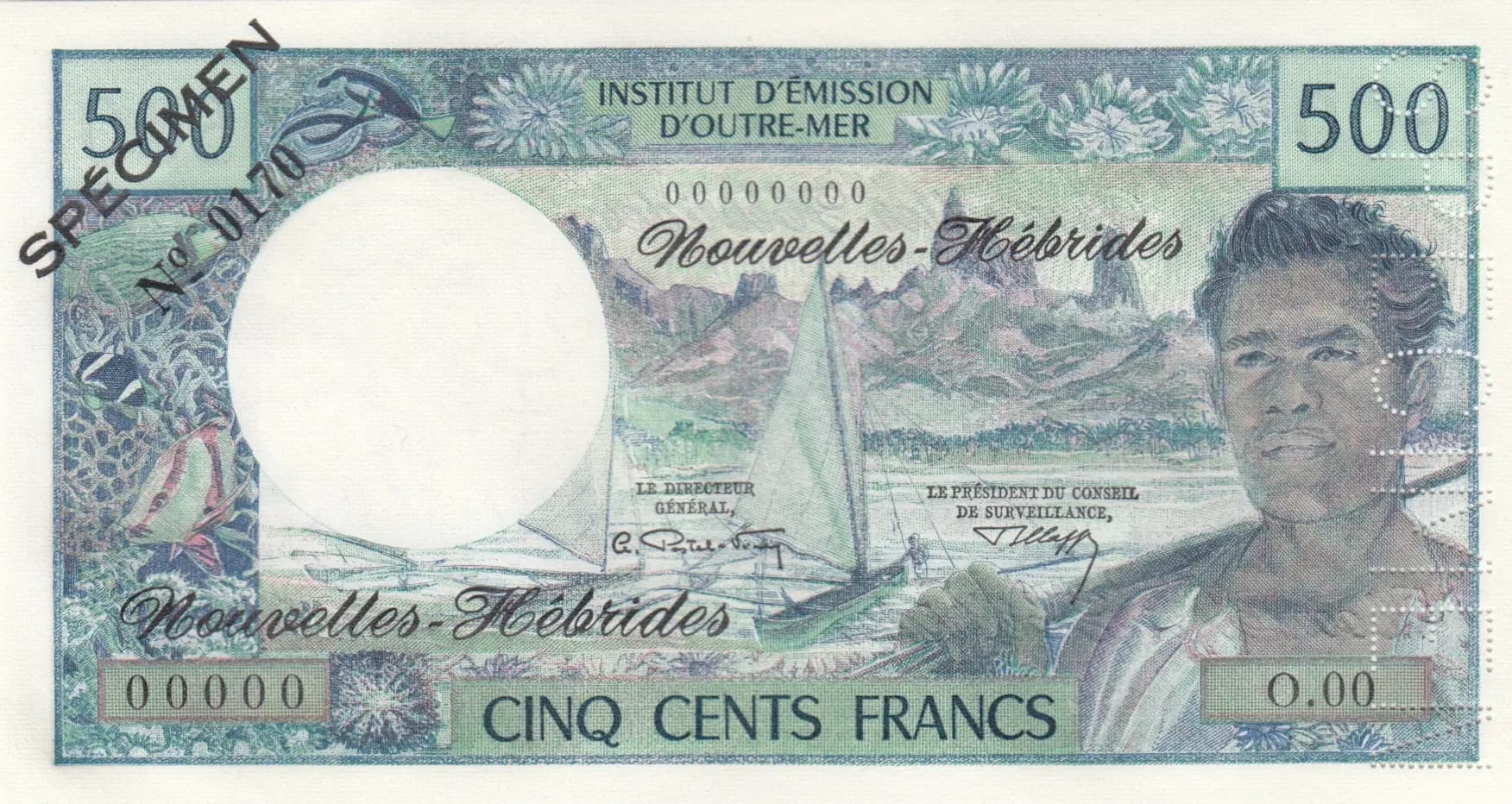 500 francs 1970 specimen from New Hebrides, P-19s