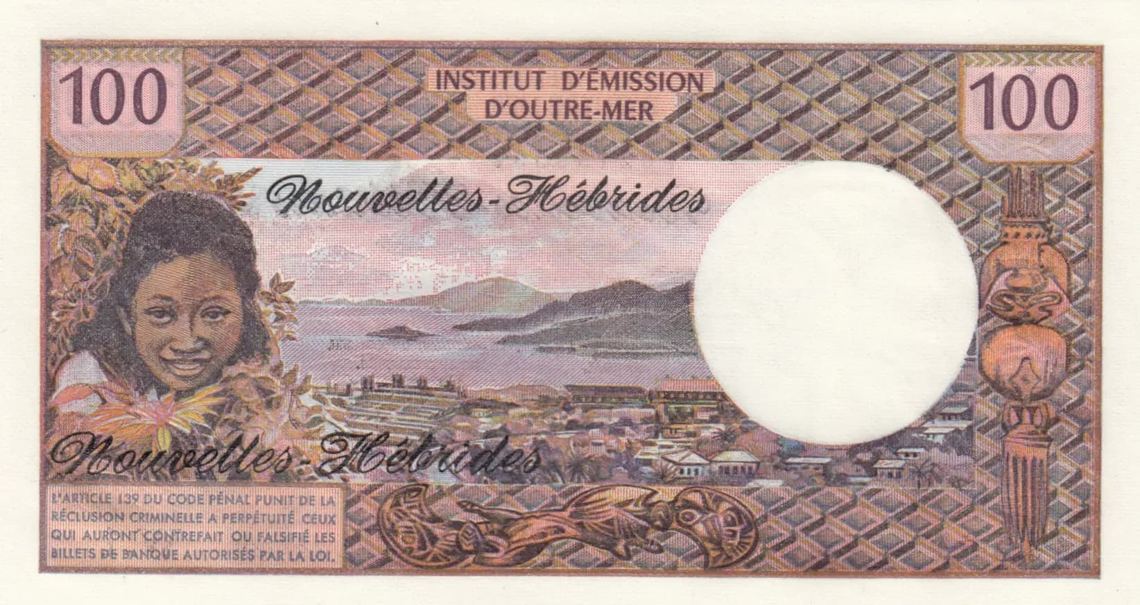 100 francs 1970  from New Hebrides, P-18c (1970) — image 2