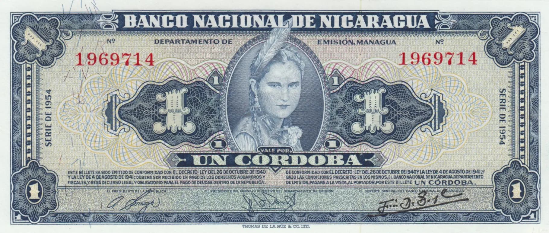 1 cordoba 1954 from Nicaragua, P-99a