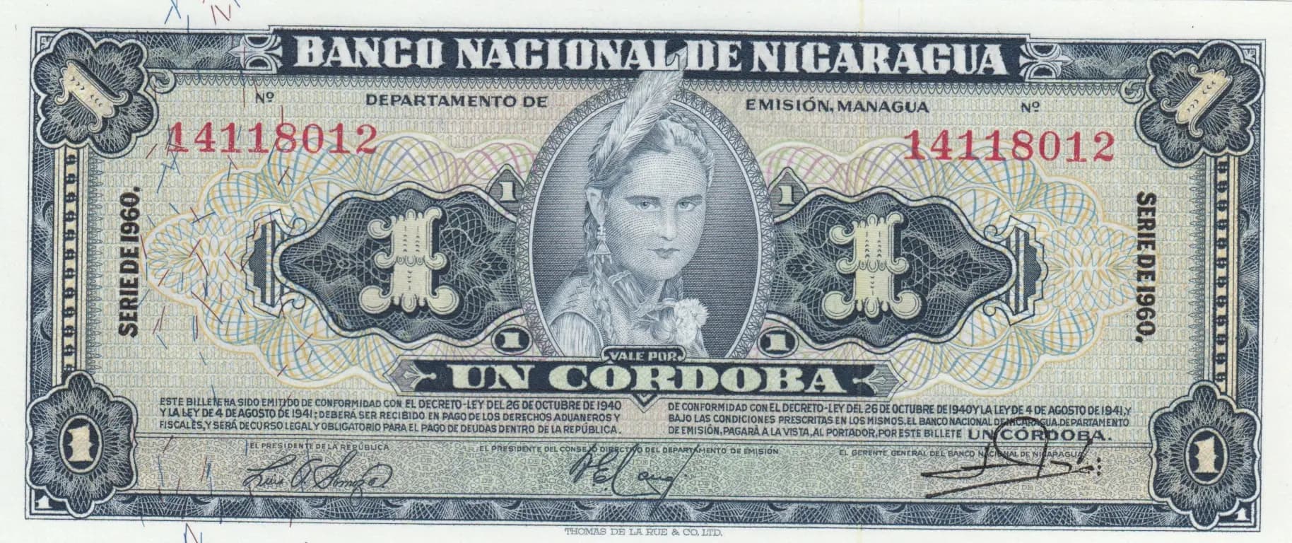 1 cordoba 1960 from Nicaragua, P-99c (1960) — image 1