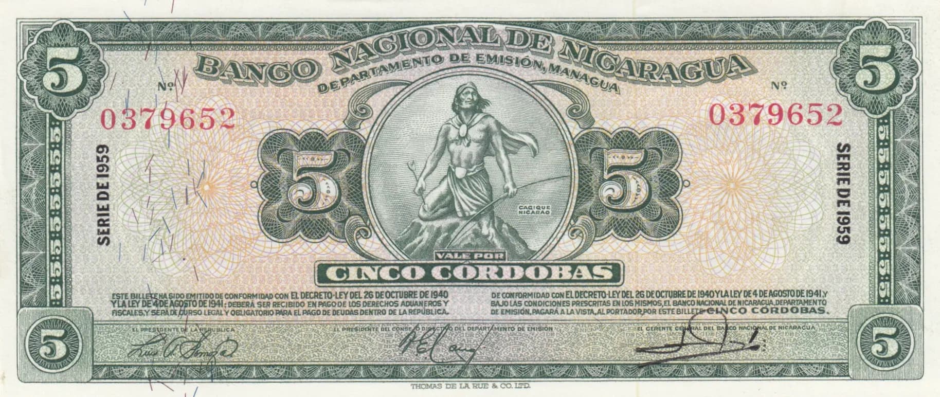5 cordobas 1959 from Nicaragua, P-100c (1959) — image 1