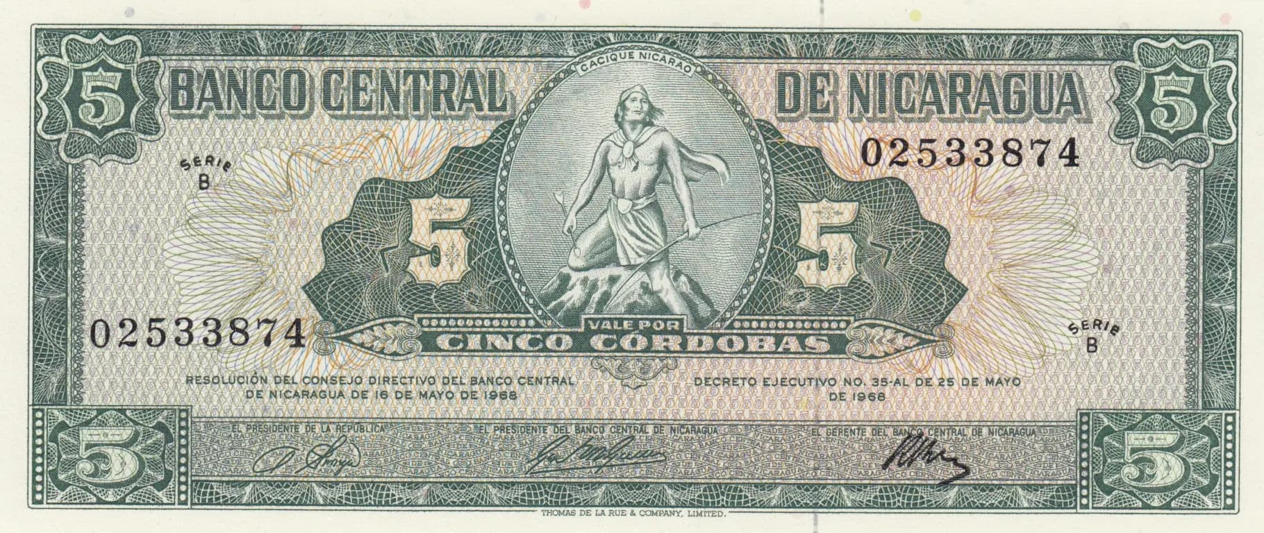 5 cordobas 1968 from Nicaragua, P-116 (1968) — image 1