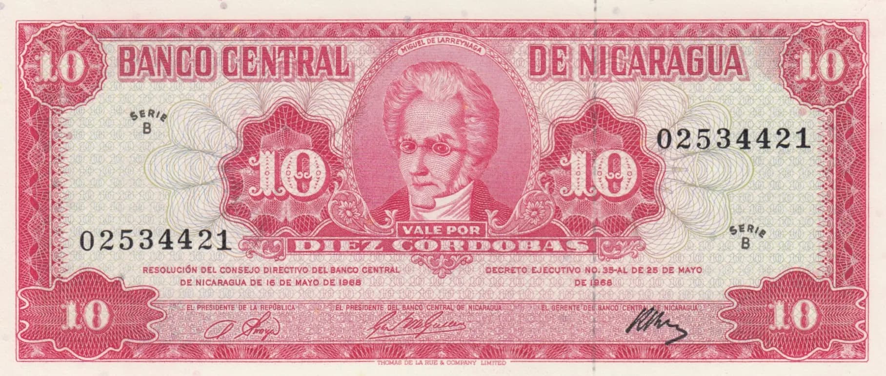 10 cordobas 1968 from Nicaragua, P-117 (1968) — image 1