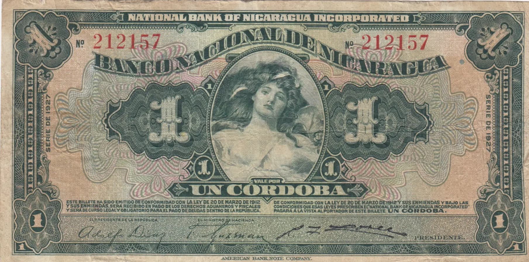1 cordoba 1927 from Nicaragua, P-62a