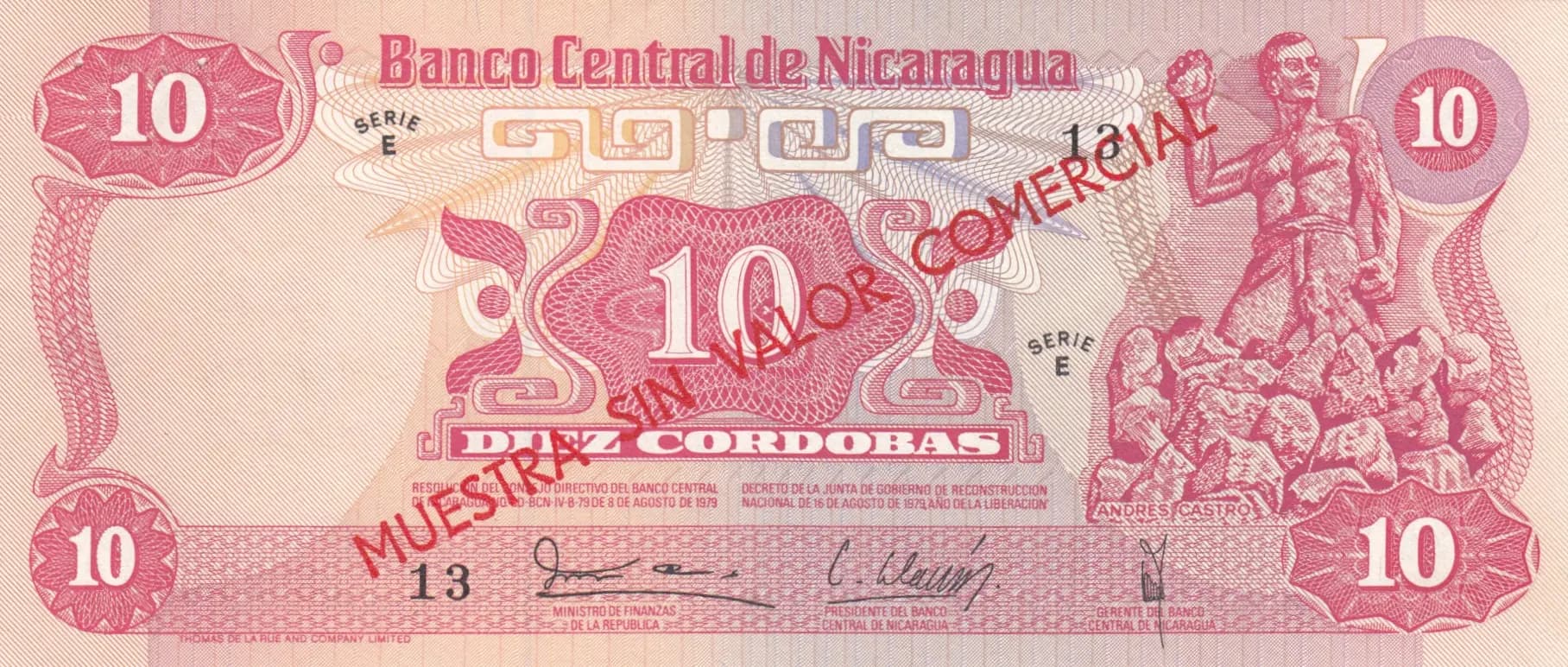 10 cordobas 1979 specimen from Nicaragua, P-134s (1979) — image 1