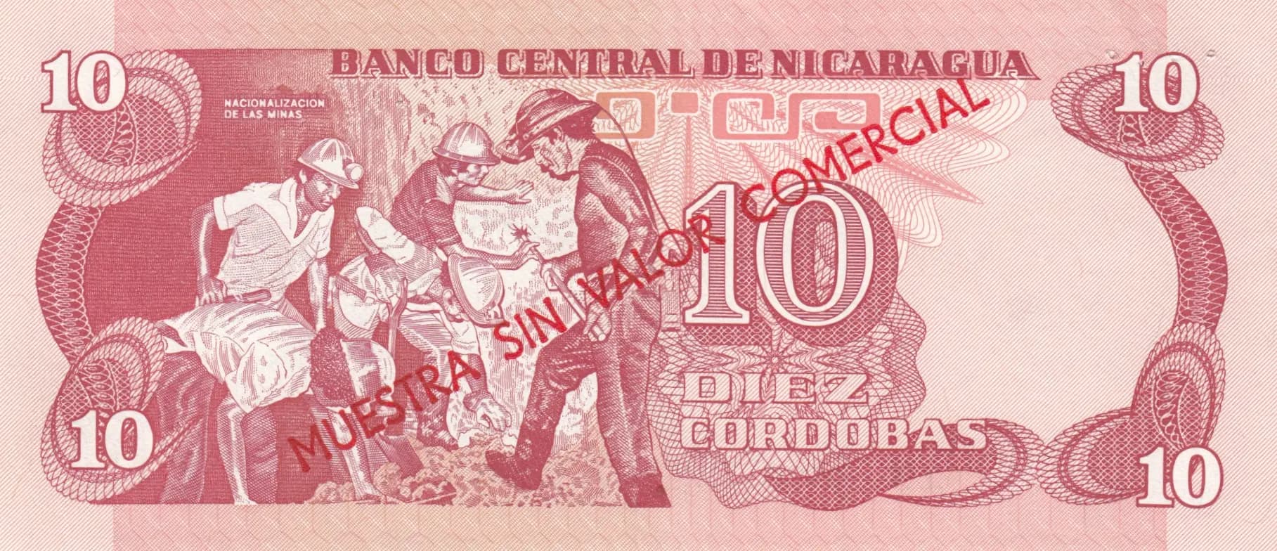 10 cordobas 1979 specimen from Nicaragua, P-134s (1979) — image 2