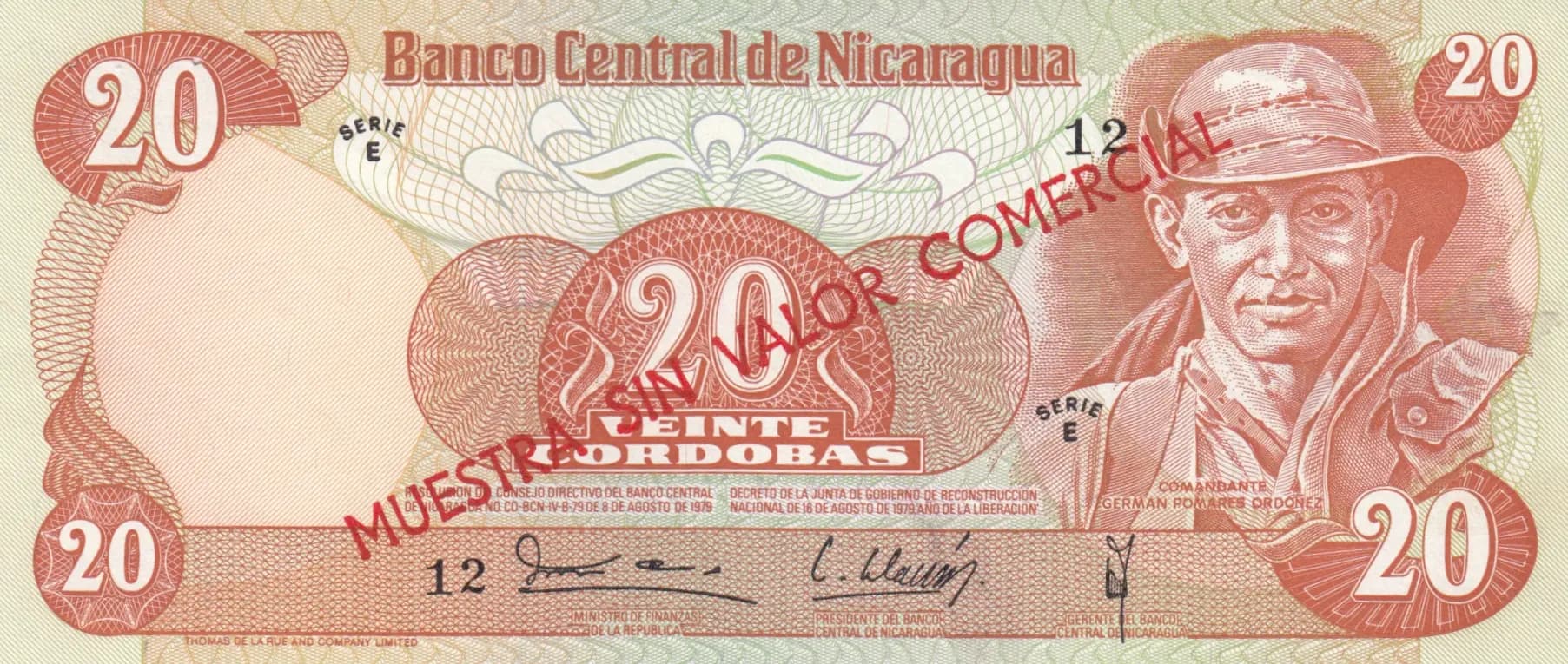 20 cordobas 1979 specimen from Nicaragua, P-135s (1979) — image 1