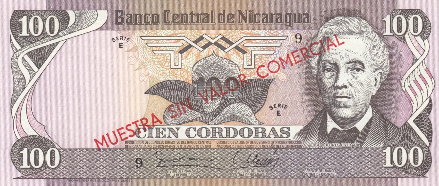 100 cordobas 1979 specimen from Nicaragua, P-137s (1979) — image 1