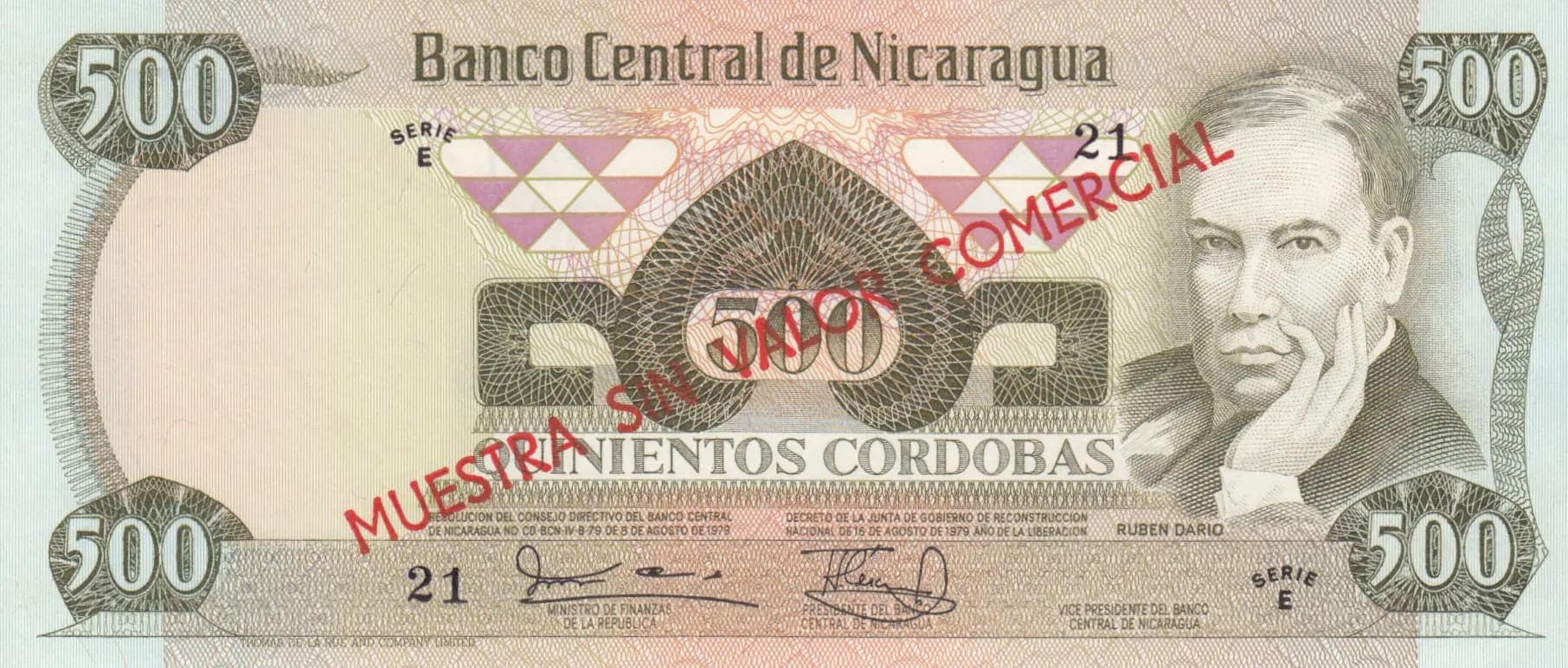 500 cordobas 1979 specimen from Nicaragua, P-138s (1979) — image 1