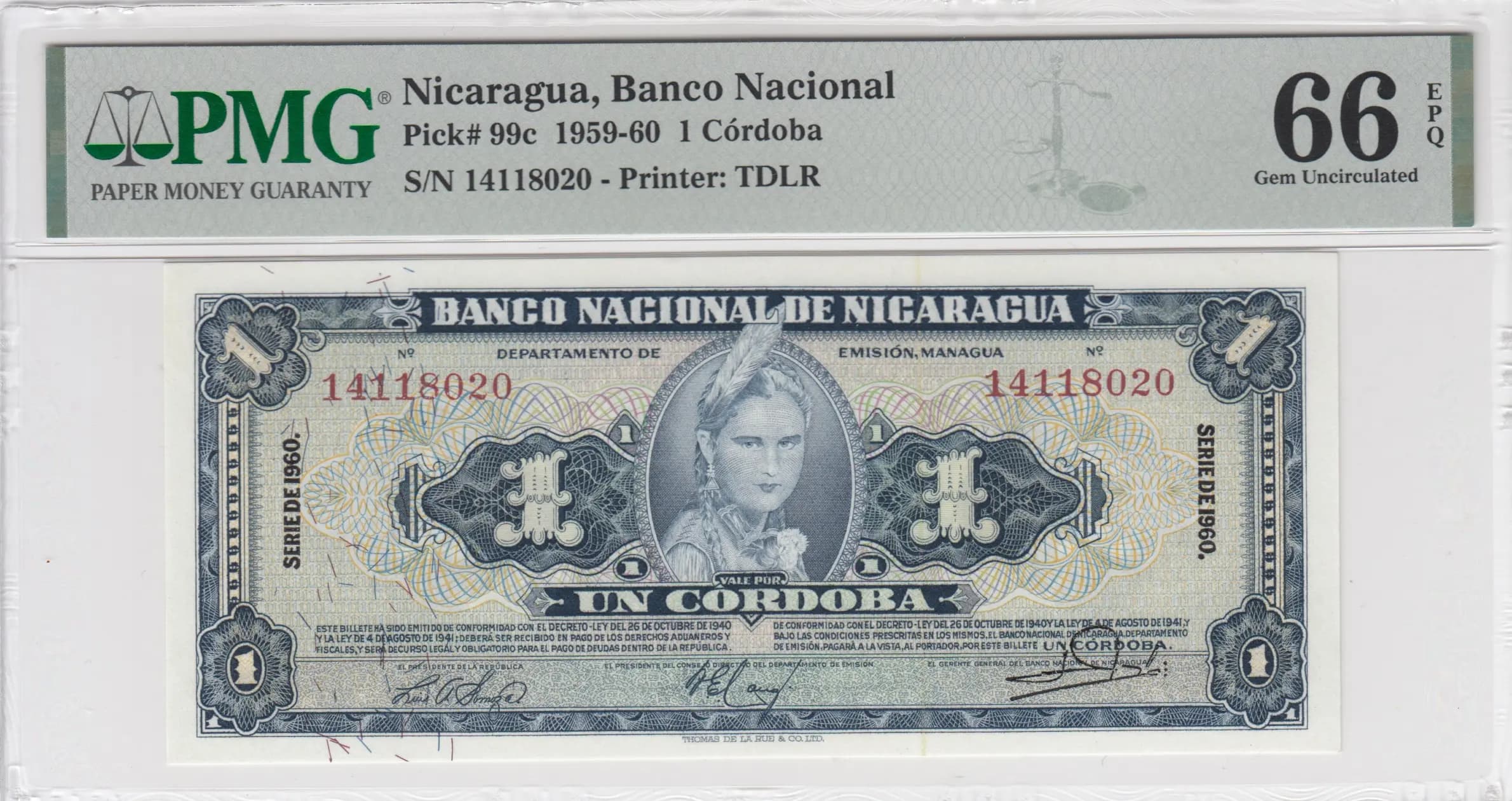 1 cordoba 1960 from Nicaragua, P-99c (1960) — image 1