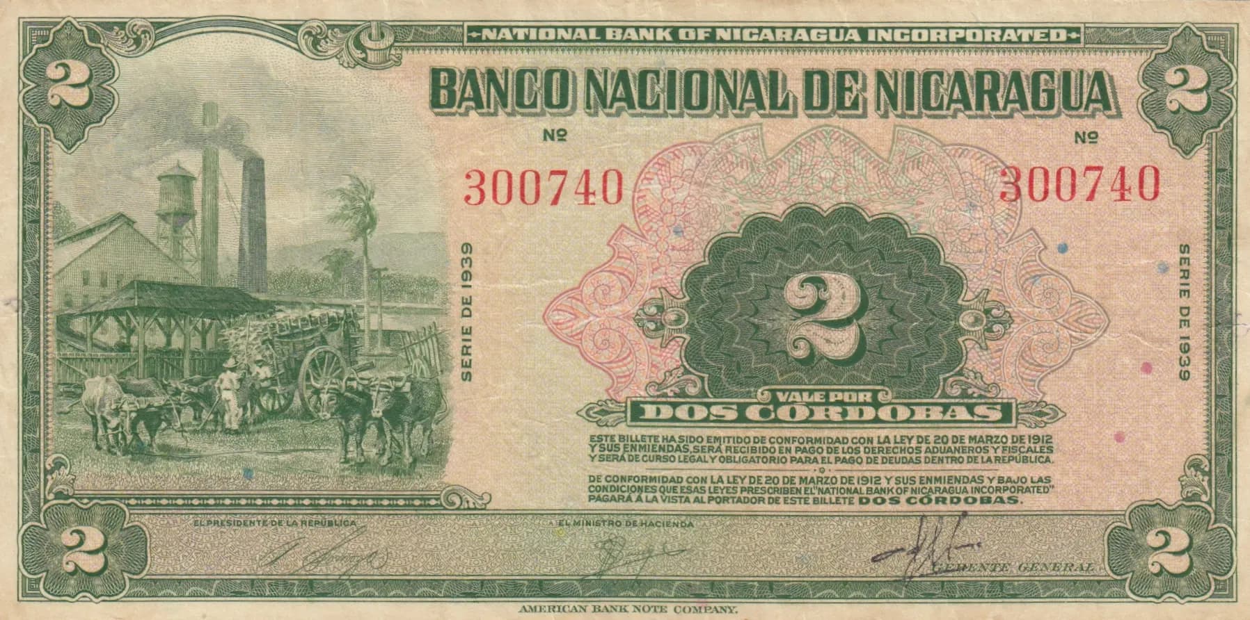 2 cordobas 1939 from Nicaragua, P-64