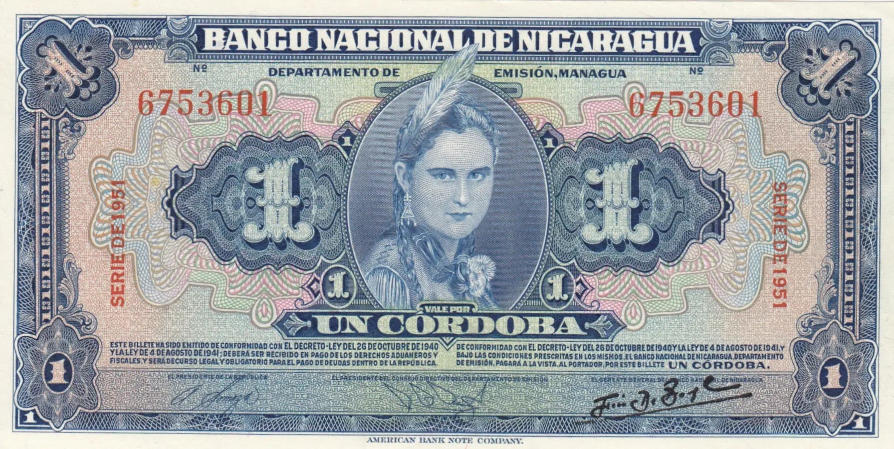 1 cordoba 1951 from Nicaragua, P-91b (1951) — image 1