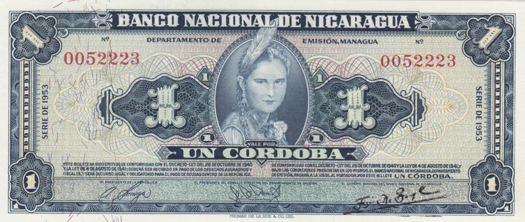 1 cordoba 1953 from Nicaragua, P-99a (1953) — image 1