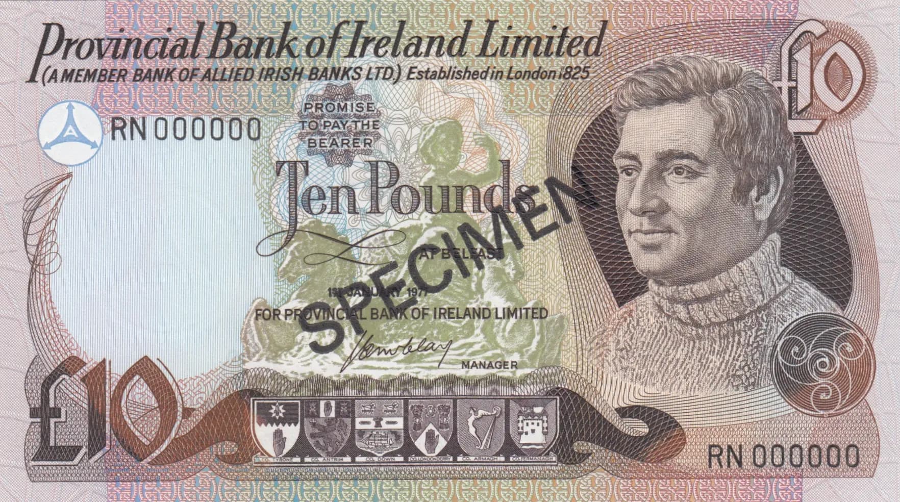 10 pounds 1977 specimen from Northern Ireland, P-249as