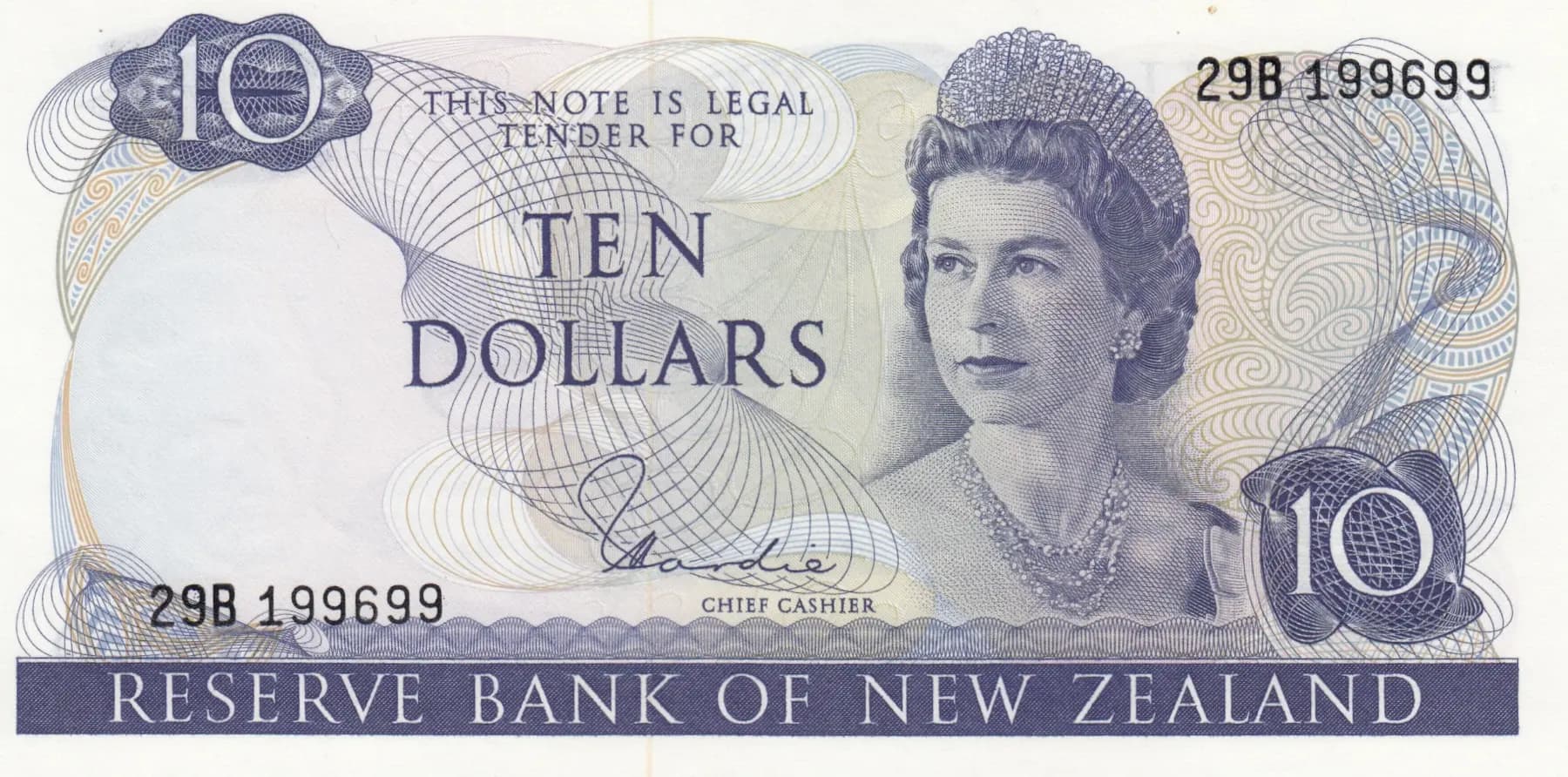 10 dollars 1977 from New Zealand, P-166d