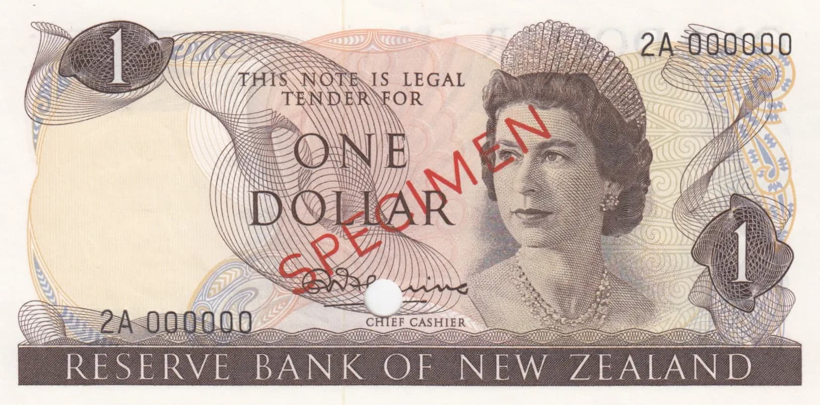 1 dollar 1967 specimen from New Zealand, P-163s