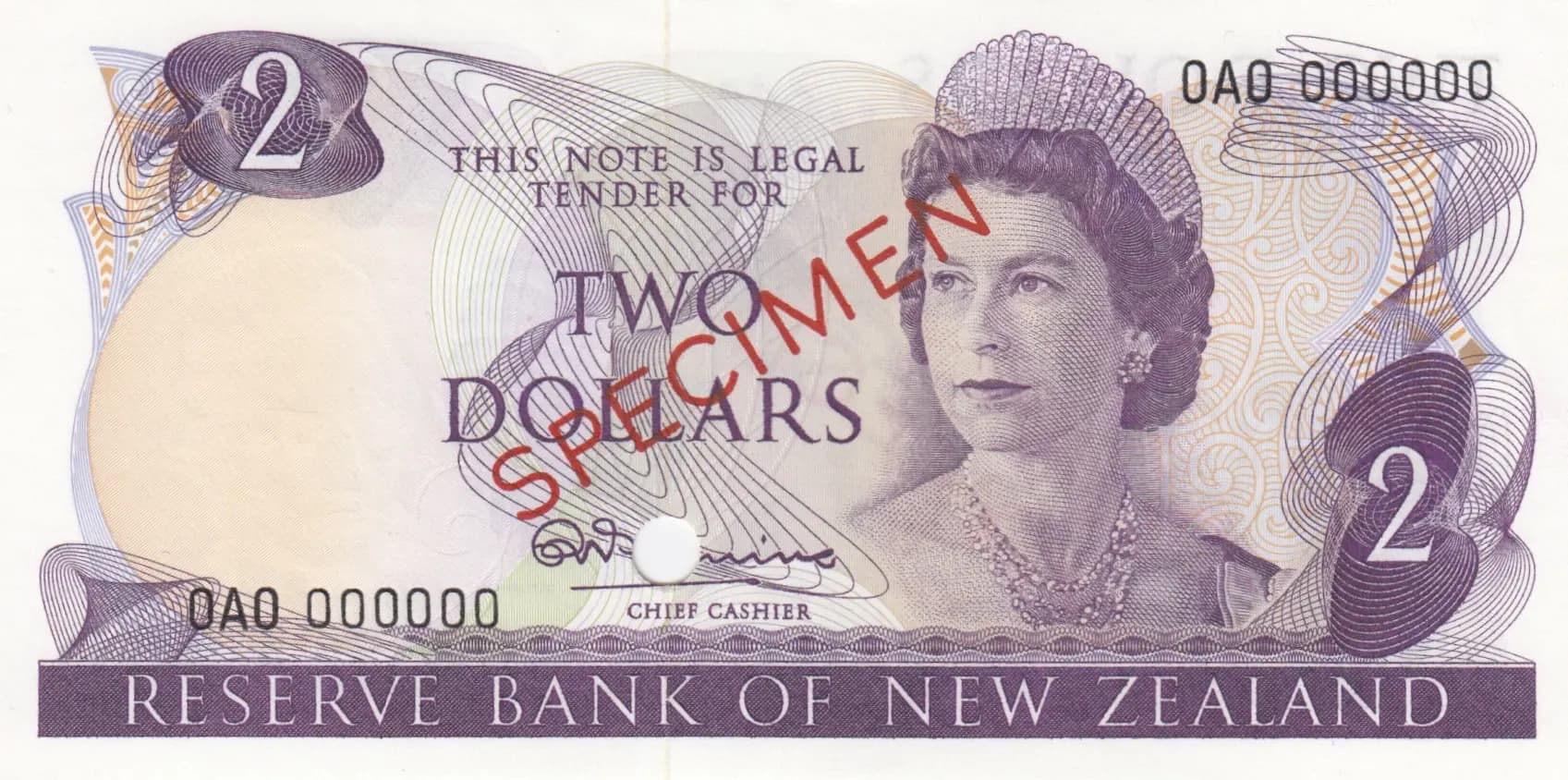 2 dollars 1967 specimen from New Zealand, P-164s