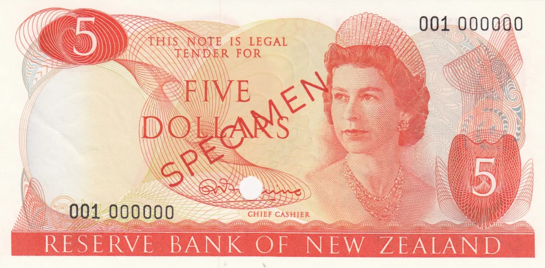 5 dollars 1967 specimen from New Zealand, P-165s