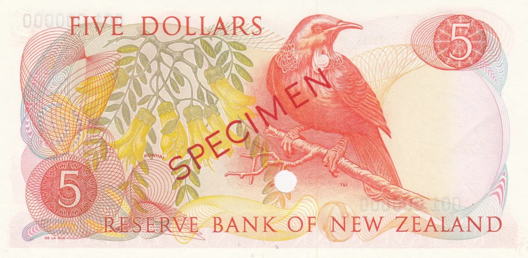5 dollars 1967 specimen from New Zealand, P-165s (1967) — image 2
