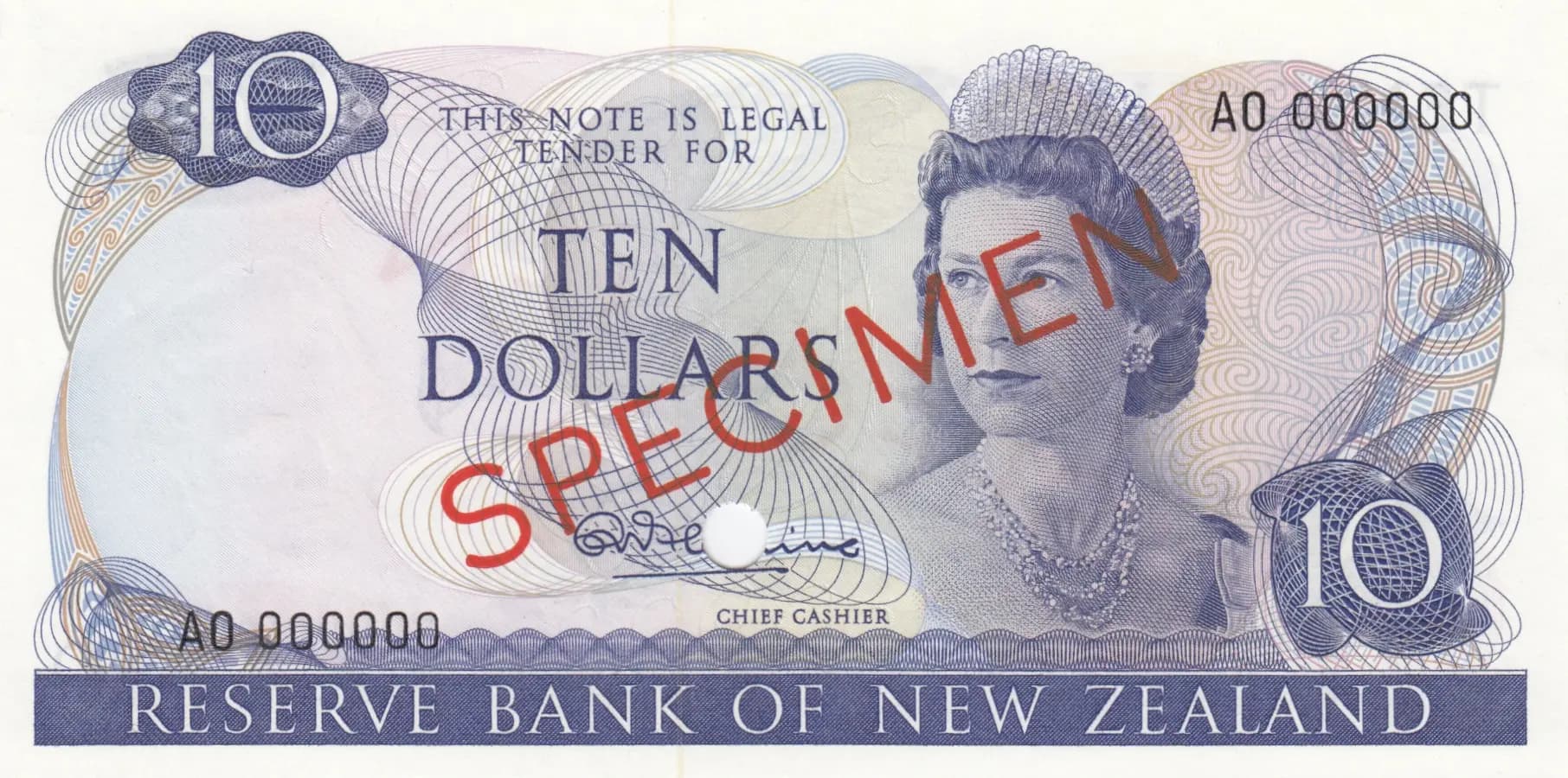 10 dollars 1967 specimen from New Zealand, P-166s