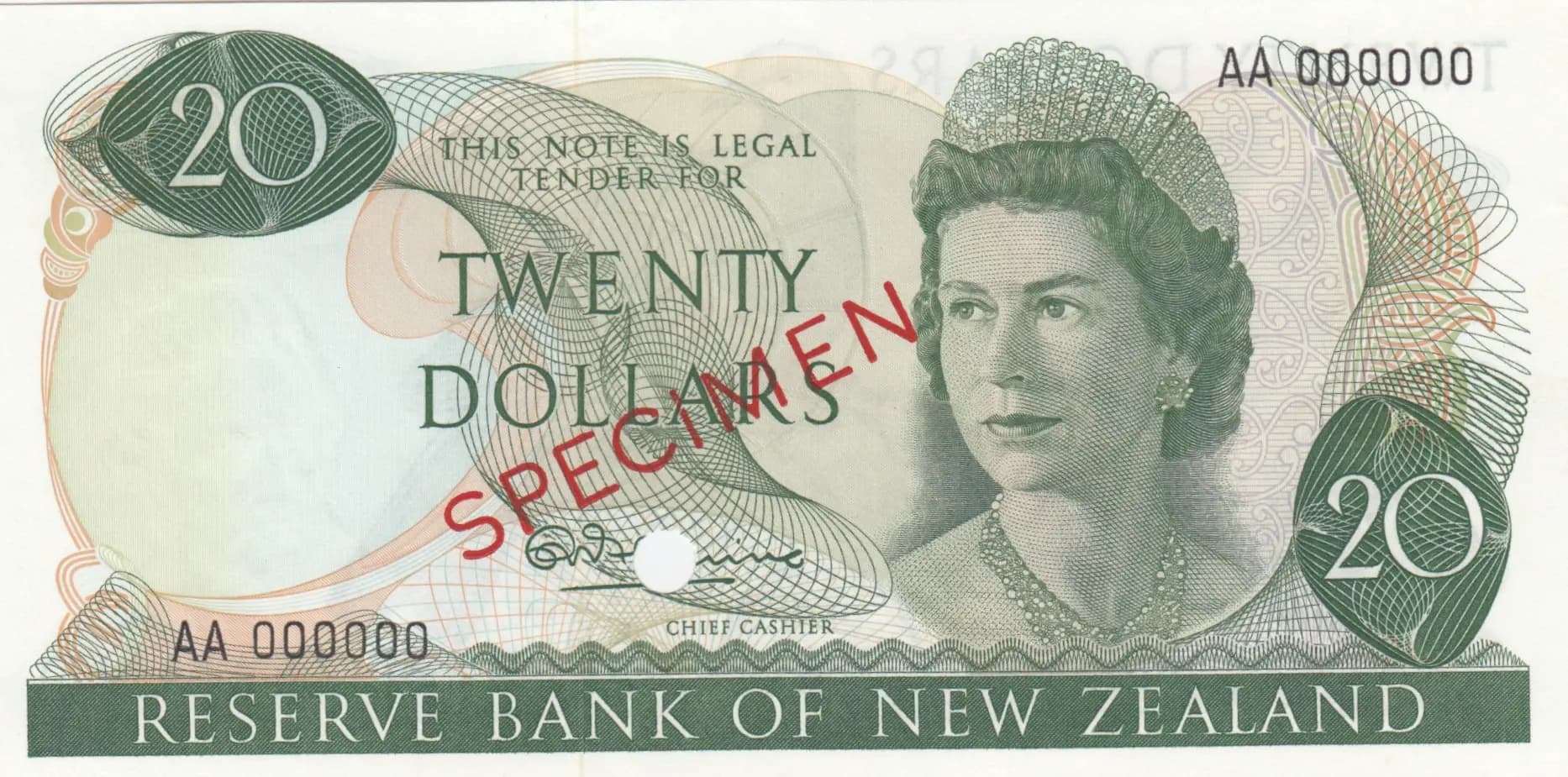 20 dollars 1967 specimen from New Zealand, P-167s (1967) — image 1
