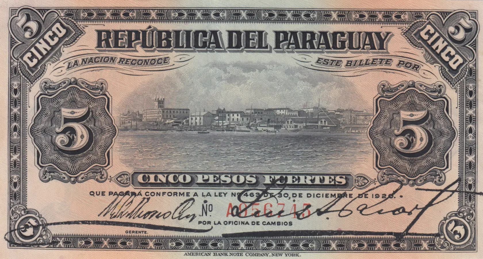 5 pesos 1920 from Paraguay, P-163 (1920) — image 1