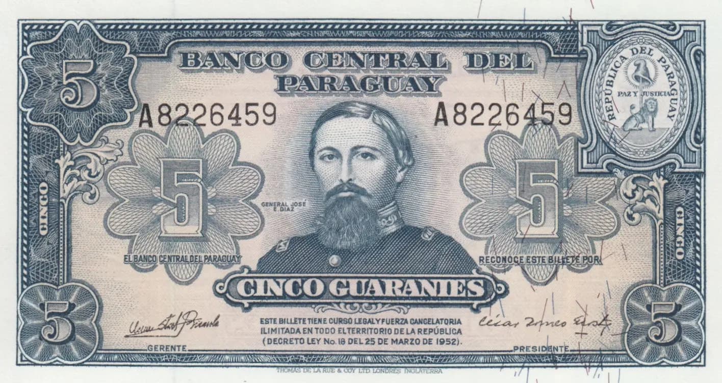 5 guarinies 1952 from Paraguay, P-186c (1952) — image 1