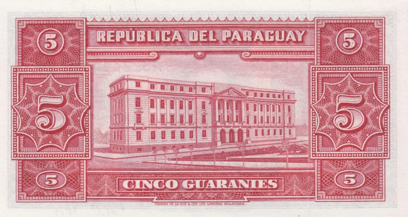 5 guarinies 1952 from Paraguay, P-186c (1952) — image 2