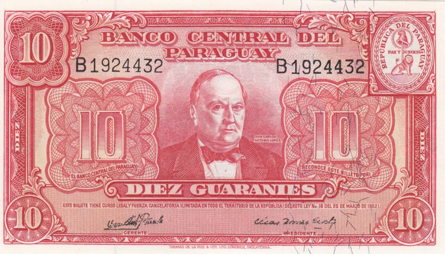 10 guarinies 1952 from Paraguay, P-187c (1952) — image 1