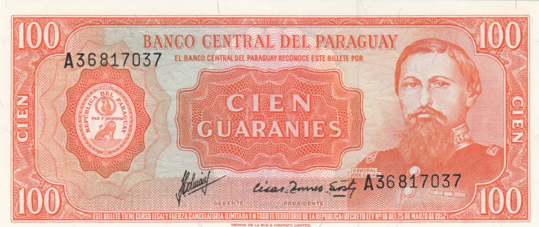 100 guarinies 1963 from Paraguay, P-199a(2)