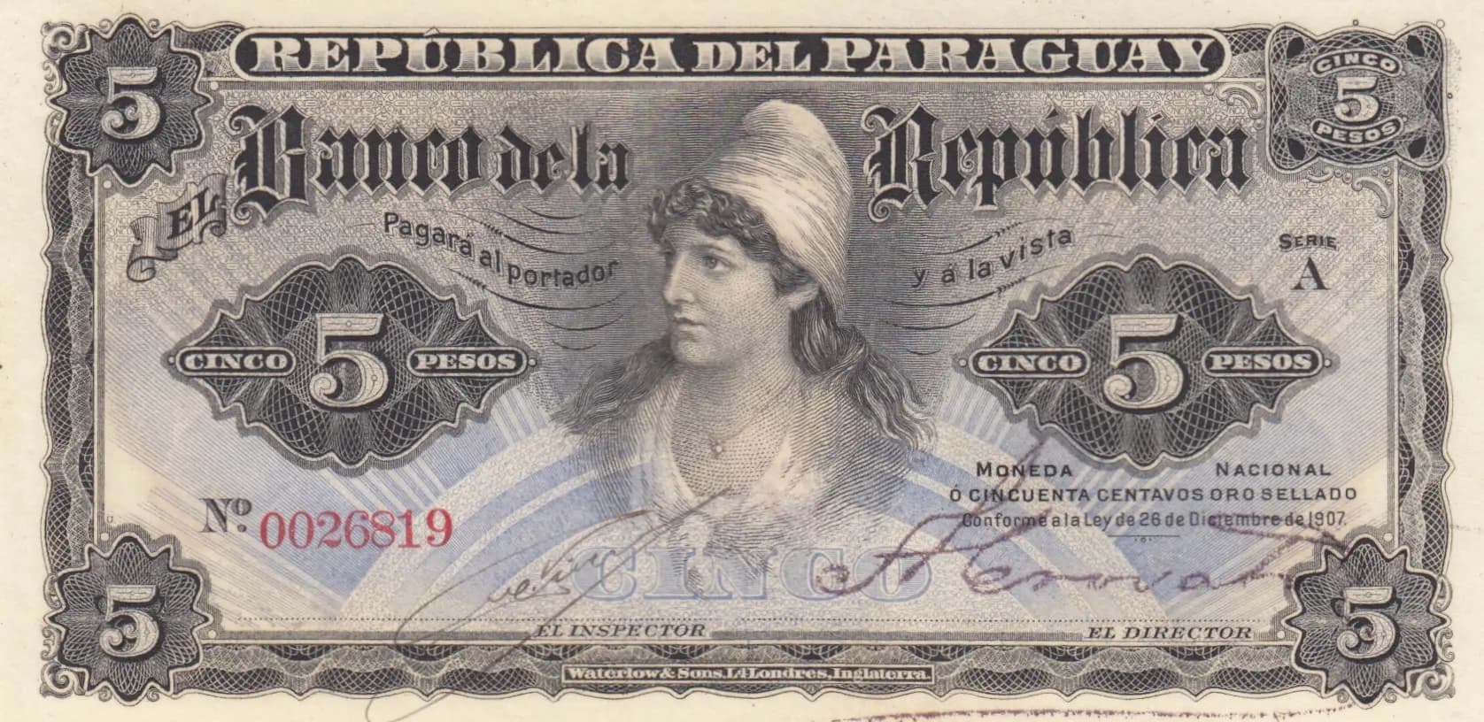 5 pesos 1907 from Paraguay, P-156 (1907) — image 1